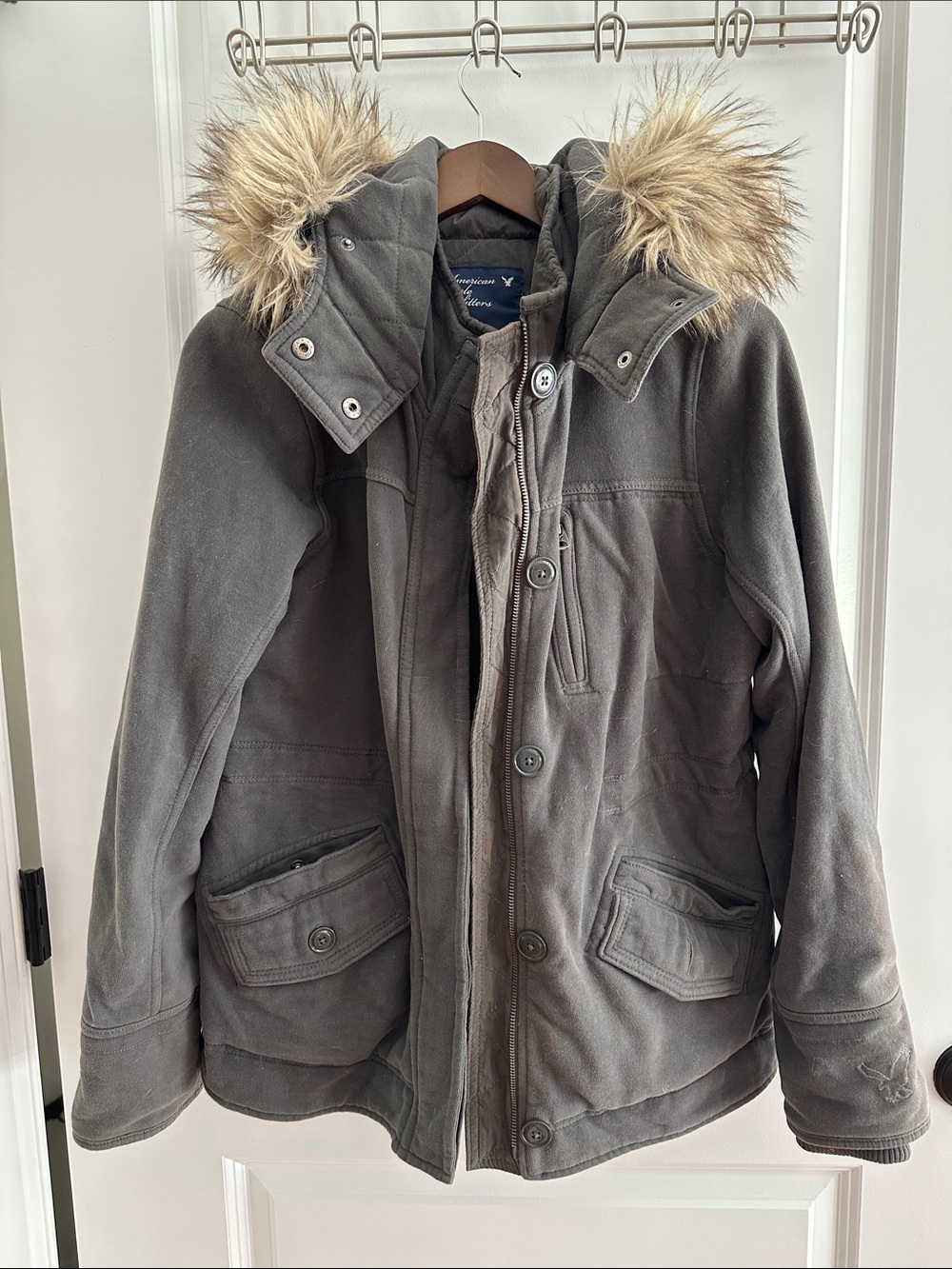 American Eagle Outfitters Gray Parka Jacket with Faux Fur Hood
